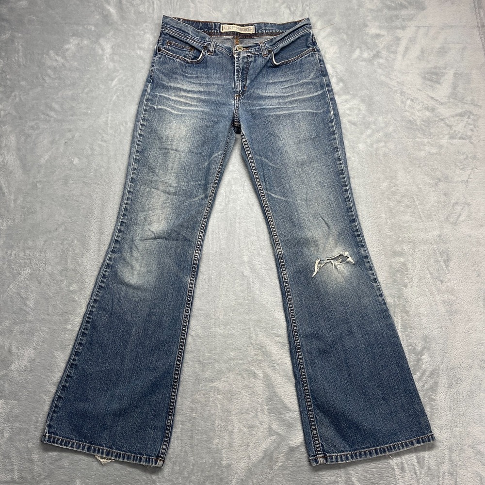 Express Jeans Womens 5/6R (28x30) Blue Denim Precision Fit Hipster Flare Leg Y2k